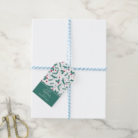 Cute Kerstmis Deer en Kerstmis Holly patroon Cadeaulabel (Met Touw)