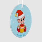 Cute Kerstmis Elf, Aangepaste naam op lichtblauw Ornament (voorkant)