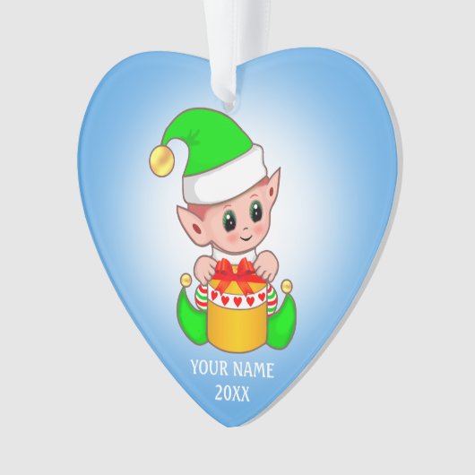 Cute Kerstmis Elf, Aangepaste naam op lichtblauw Ornament (voorkant)