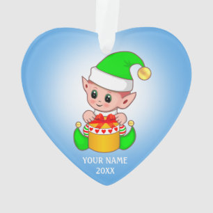 Cute Kerstmis Elf, Aangepaste naam op lichtblauw Ornament
