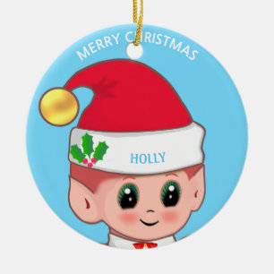 Cute Kerstmis Elf & Custom Name on Light Blue Keramisch Ornament