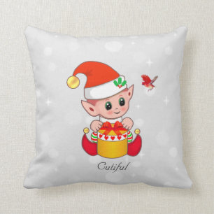 Cute Kerstmis Elf en Cardinaal Red Bird op Silver Kussen