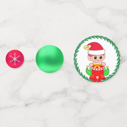 Cute Kerstmis Elf en Golden Green Red Confetti (Voorkanten)