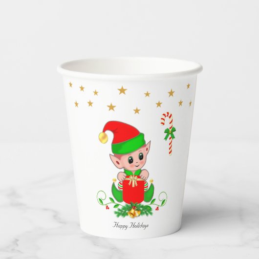 Cute Kerstmis Elf en Golden Star-Confetti Papieren Bekers (Achterkant)