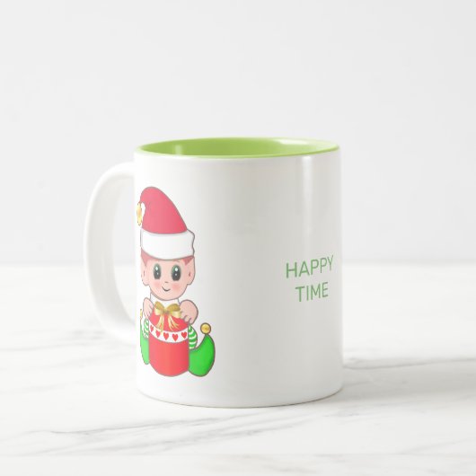 Cute Kerstmis Elf en Happy Time Calligraphy Tweekleurige Koffiemok (Voorkant links)
