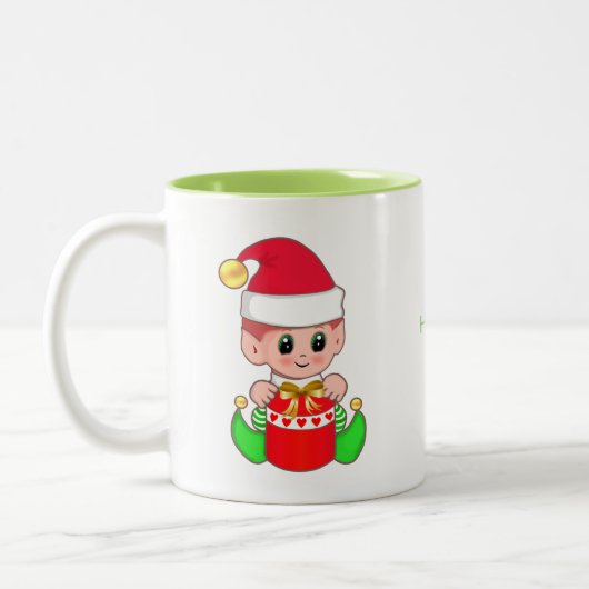 Cute Kerstmis Elf en Happy Time Calligraphy Tweekleurige Koffiemok (Links)