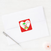Cute Kerstmis Elf & Gift Box op Red & White Vierkante Sticker (Envelop)