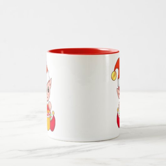 Cute Kerstmis Elf met cadeaudoos Tweekleurige Koffiemok (Center)