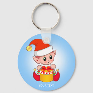 Cute Kerstmis Elf met Jouw tekst op Light Blue Sleutelhanger