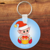 Cute Kerstmis Elf met Jouw tekst op Light Blue Sleutelhanger (Voorkant)