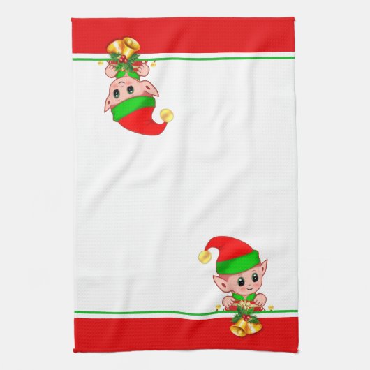 Cute Kerstmis Elf op groen, rood en wit Theedoek (Verticaal)