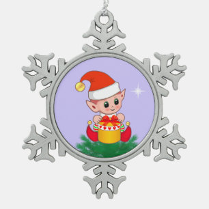 Cute Kerstmis Elf op periwinkle blauw Tin Sneeuwvlok Ornament