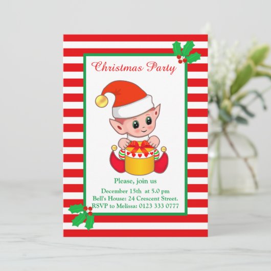 Cute Kerstmis Elf op uitnodiging van Red White (Staand voorkant)
