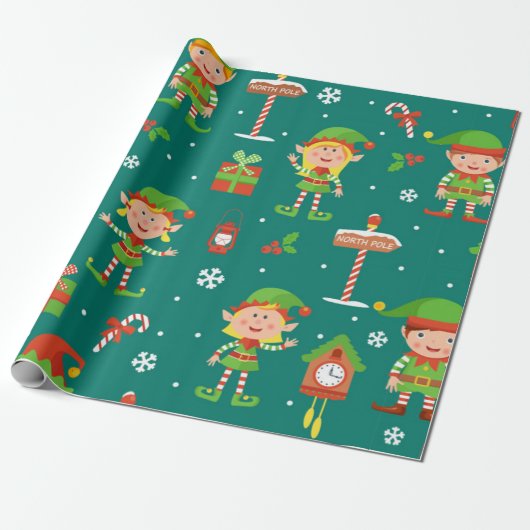 Cute Kerstmis Elf Pattern Cadeaupapier (Uitgerold)