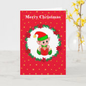 Cute Kerstmis Elf, Pine Wreath & Stars Kaart (Gele Bloem)