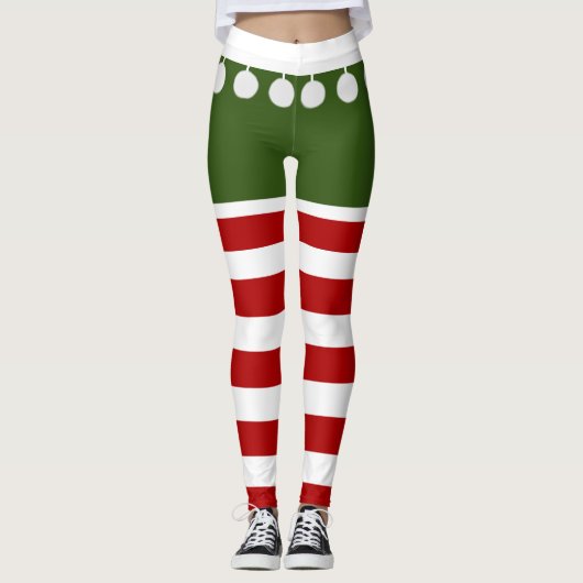 Cute Kerstmis Elf Stripes Fun Tassel Costume Leggings (Voorkant)
