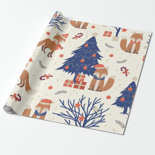 Cute Kerstmis Fox Pattern Cadeaupapier (Uitgerold)