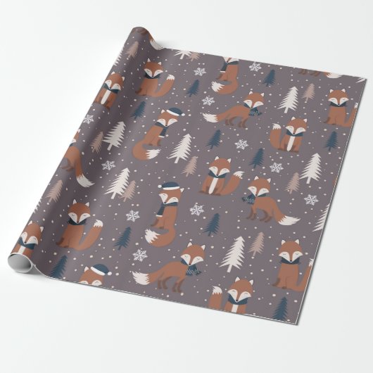 Cute Kerstmis Fox Pattern Cadeaupapier (Uitgerold)