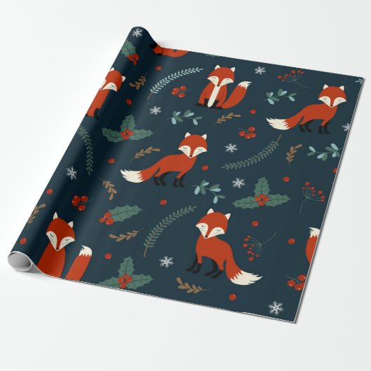 Cute Kerstmis Fox Pattern Cadeaupapier (Uitgerold)