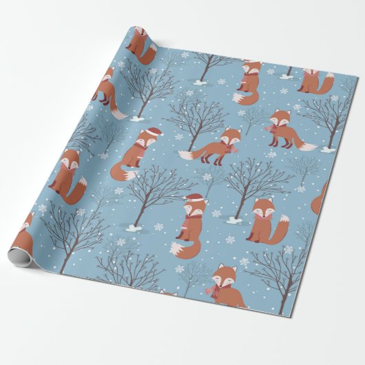 Cute Kerstmis Fox Pattern Cadeaupapier (Uitgerold)
