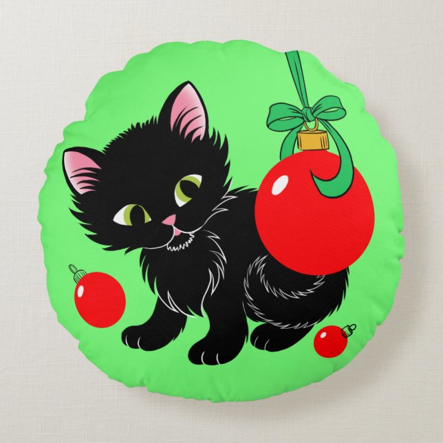 Cute Kerstmis Kitten Rond Kussen (Voorkant)