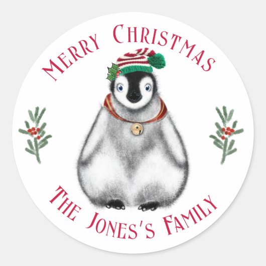 Cute Kerstmis Penguin, feestelijk Arctic Animal Ronde Sticker (Voorkant)