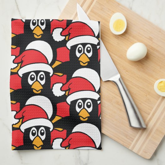 Cute Kerstmis Penguins Pattern Red Theedoek (Quarter Fold)