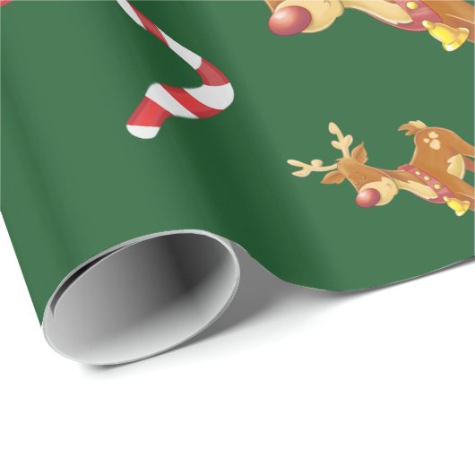 Cute Kerstmis Rudolph Candy Cane Pattern Green Cadeaupapier (Rol Hoek)