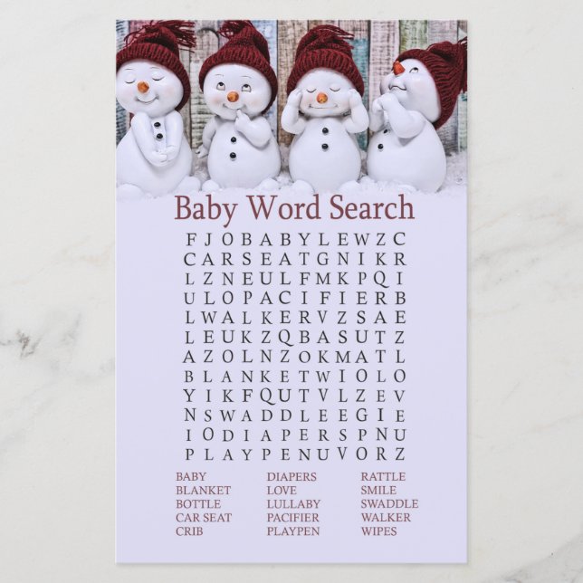 Cute Kerstmis Snowman Baby shower Word Search (Voorkant)