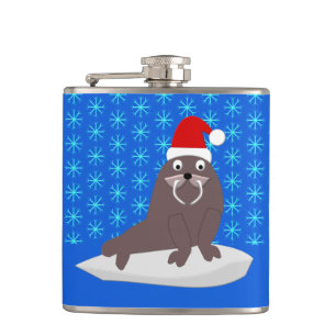 Cute Kerstmis Walrus en Snowflakes Heupfles