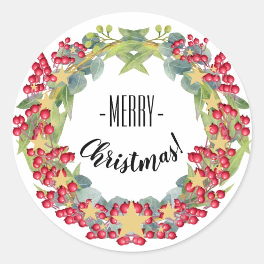 Cute Kerstmis Wreath Red Berries Ronde Sticker (Voorkant)