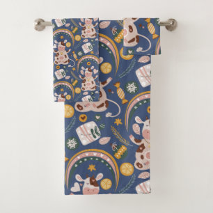 Cute Kerstmis Yoga Koe Whimsical Pattern Blue Bad Handdoek