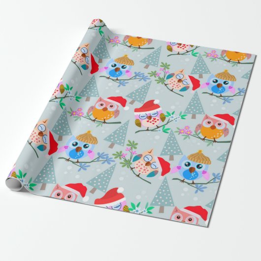 Cute Kerstoowl Patroon Cadeaupapier (Uitgerold)