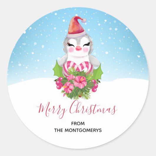 Cute Kerstpinguïn in Santa Hat Ronde Sticker (Voorkant)