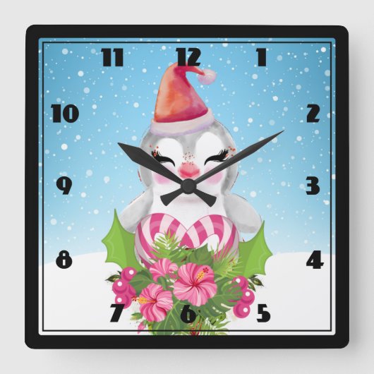 Cute Kerstpinguïn in Santa Hat Vierkante Klok (Voorkant)
