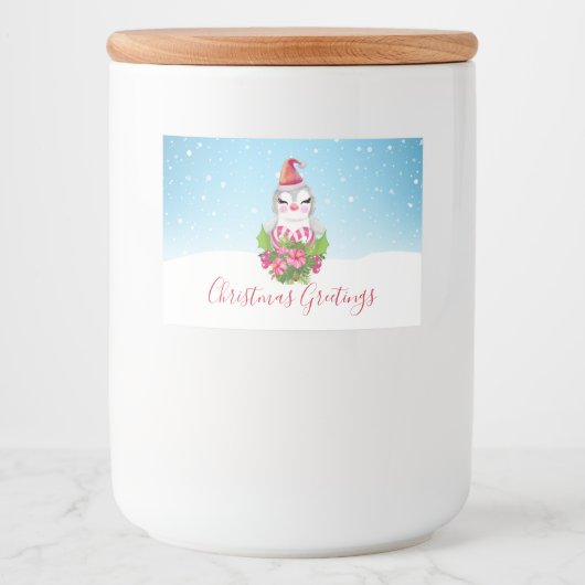 Cute Kerstpinguïn in Santa Hat Voedselcontainer Etiket (Voorkant)