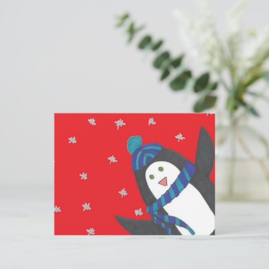 Cute Kerstpinguin op rood Briefkaart (Staand voorkant)
