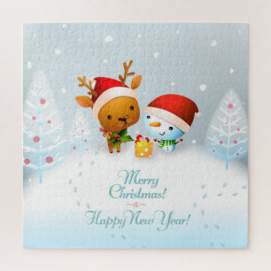 Cute Kerstrendieres en Snowman Jigzaag Puzzle Legpuzzel