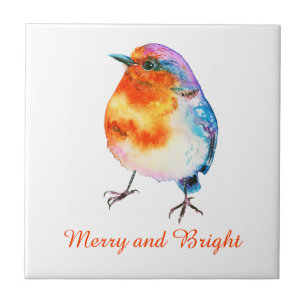 Cute KerstRobin Waterverf Merry en Bright Tegeltje