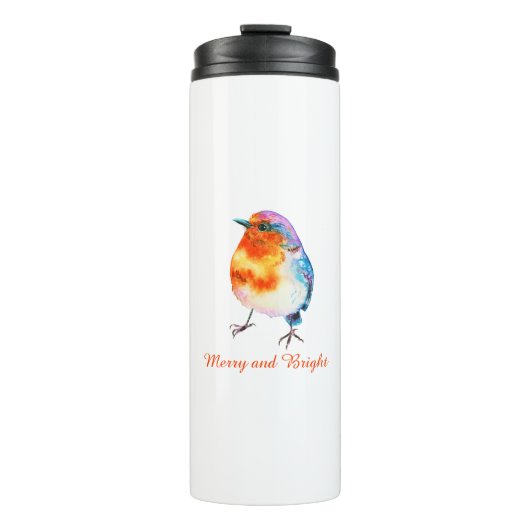 Cute KerstRobin Waterverf Merry en Bright Thermosbeker (Voorkant)