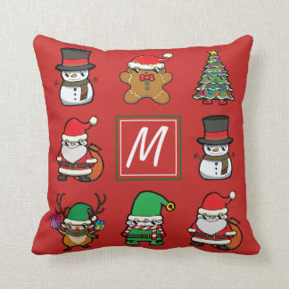 Cute kersttekenfilm Red Monogram Kussen