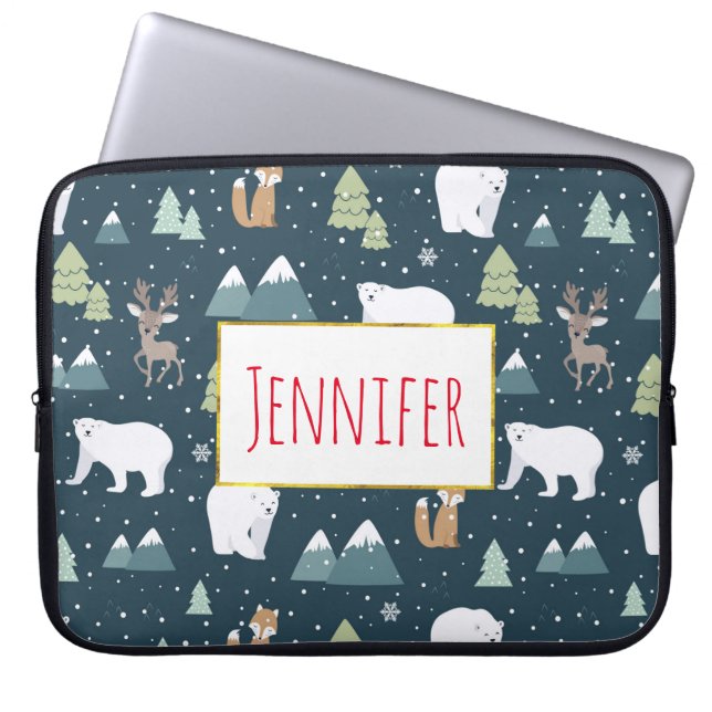 Cute Kerstwinter Animals Rustin Pattern Laptop Sleeve (Voorkant)
