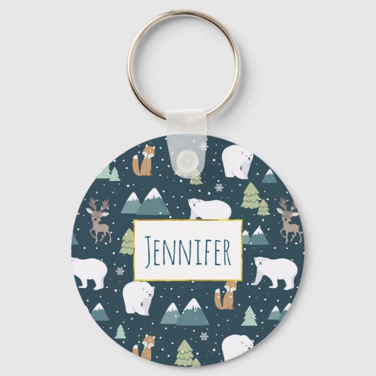Cute Kerstwinter Animals Rustin Pattern Sleutelhanger (Voorkant)