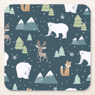 Cute Kerstwinter Animals Rustin Pattern Vierkante Kartonnen Onderzetter