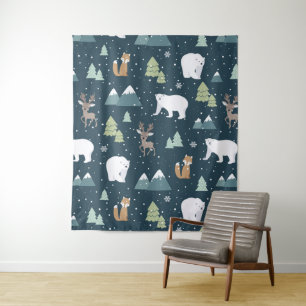 Cute Kerstwinter Animals Rustin Pattern Wandkleed