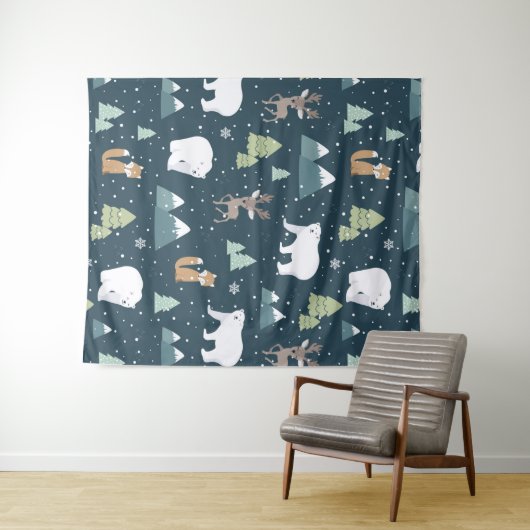 Cute Kerstwinter Animals Rustin Pattern Wandkleed (In Situ (horizontaal))