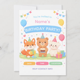 Cute Kids Birthday Invitation | Pastel Animal Birt Kaart