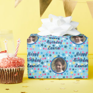 Cute Kids Birthday Stars Foto Template Cadeaupapier