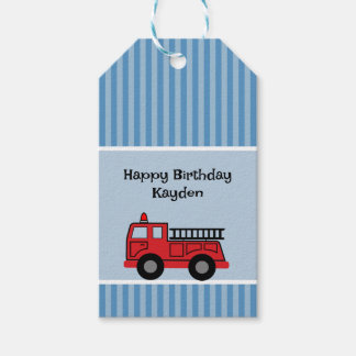 Cute Kid's blauwe en rode brandweerwagen verjaarda Cadeaulabel