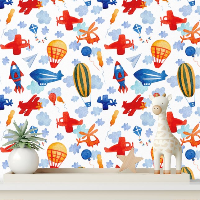 Cute Kids Planes Helicopters Balloons Pattern Behang (Creator heeft geüpload)